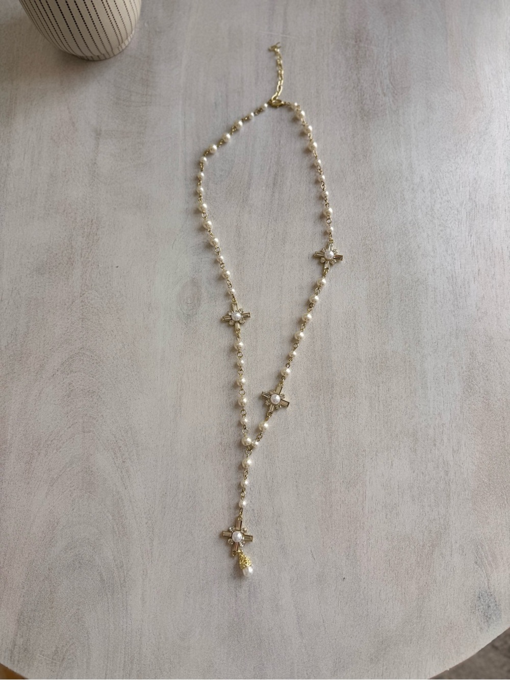 Gold Pearl Station Y-Necklace with Floral Accents